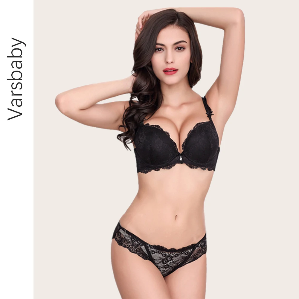 

Sexy fahion thick push up lace deep V padded bra and panty gather underwear bow cotton brassiere A B C cup lingerie set