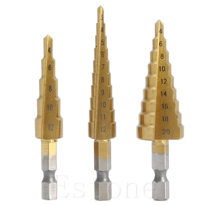 

3Pcs HSS 4241 Steel Step Cone Titanium Coated Drill Bit Cut Tool Hole Cutter Set H7ED