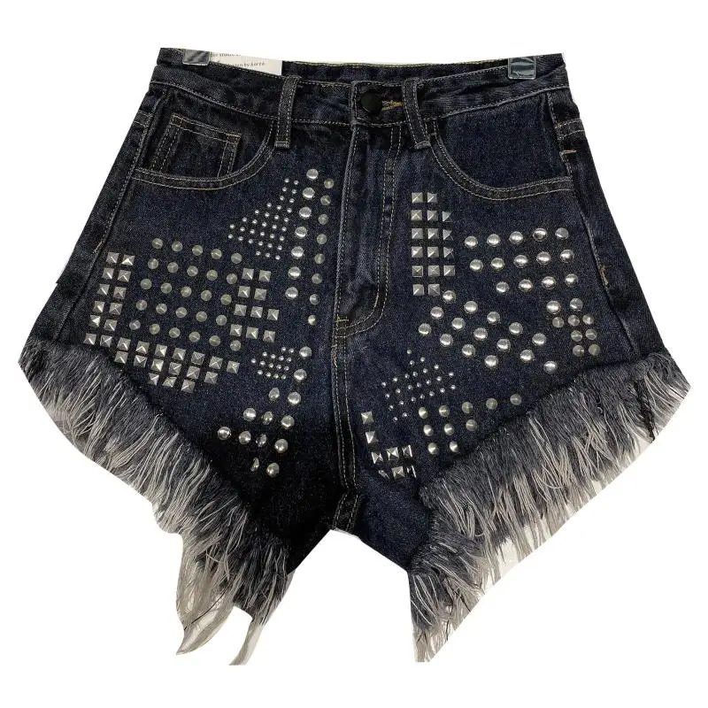 

Punk Style Rivet Heavy Industry Denim Shorts Women 2021 Summer New Street Rough Hem Three-point Denim Shorts