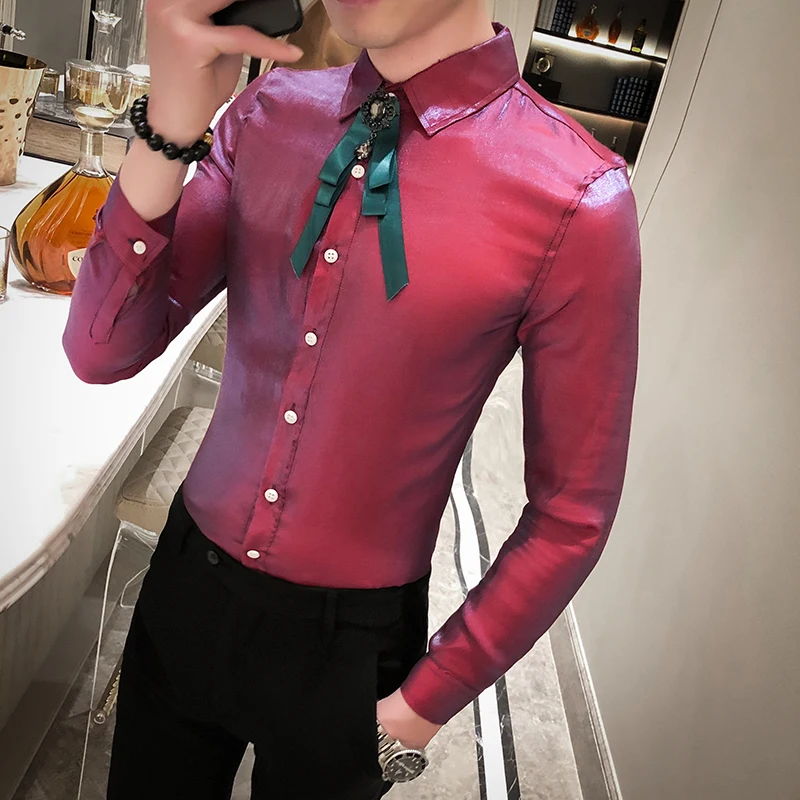 

British Style Luxury Shine Shirt Men Fashion Slim Fit Mens Casual Shirts Long Sleeve Streetwear Solid Night Club Tuxedo Dress