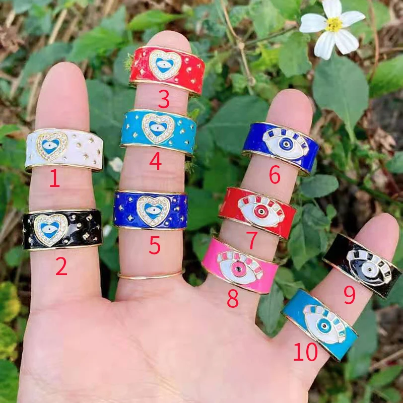 

10Pcs Trendy Rainbow cubic zirconia cz ring Micro Pave CZ enamel eye heart fashion jewelry For Women Wedding Birthday Gift