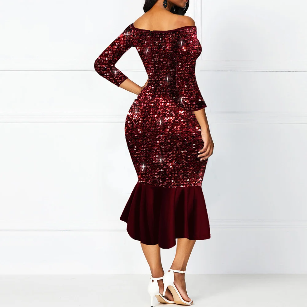 Блестящее вечернее платье с открытыми плечами для женщин облегающее русалки