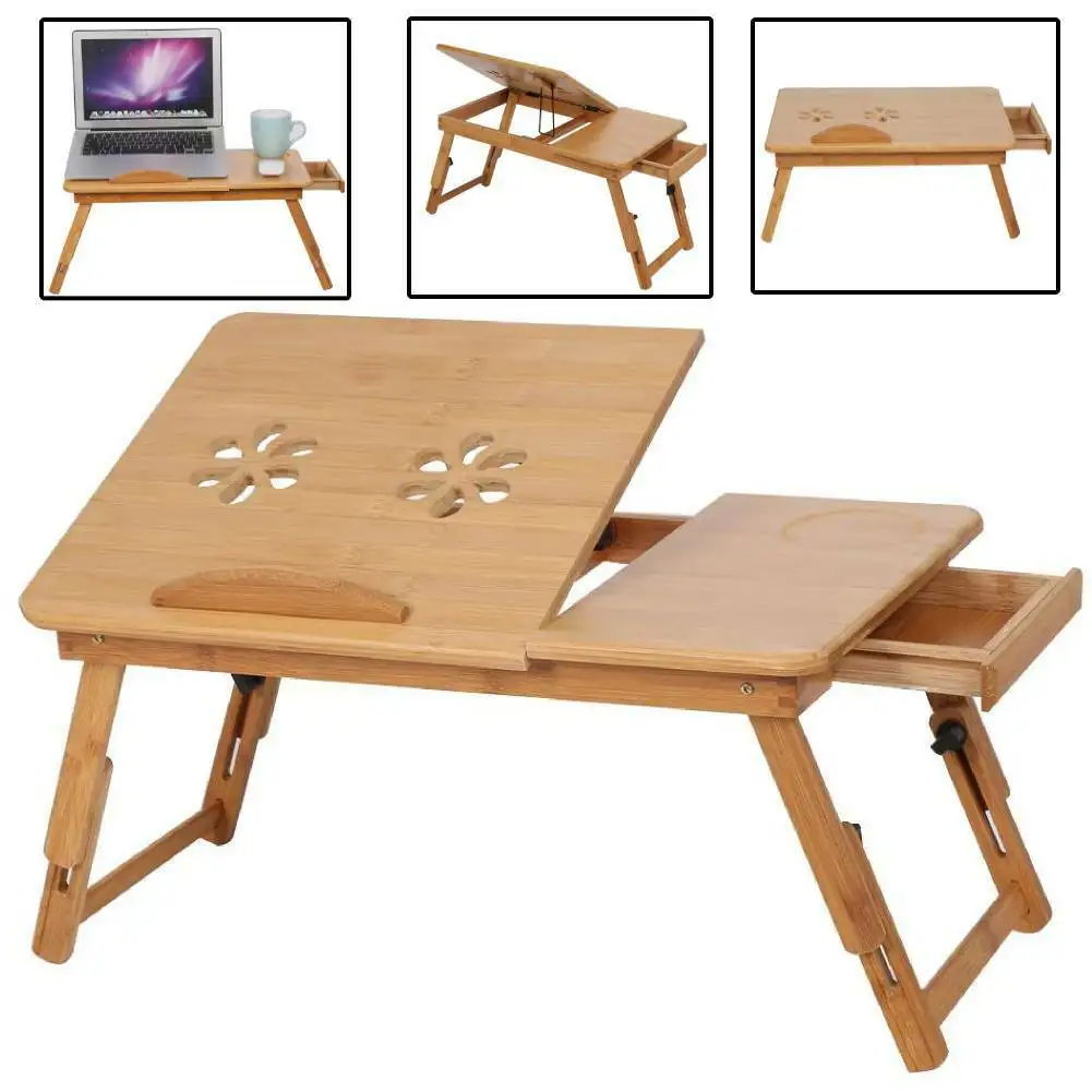 

Bamboo Adjustable Folding Laptop Lap Table Bed Tray PC Desk Stand w/ Cooling Fan