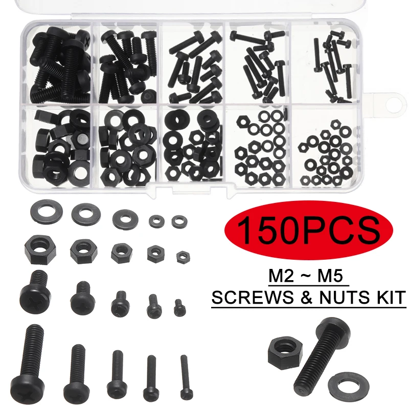 150Pcs Hex Screw Kit Nylon Bolt Nut Standoff Spacer Assortment Set Black Tool M2 M2.5 M3 M4 M5 with Box|Винты| |