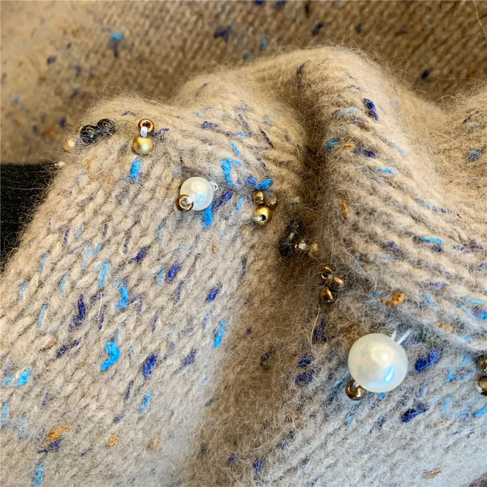 

Juice Snow 2020 Autumn And Winter New Sequins Handmade Beading Pullover Lazy Style Raccoon Fluffy Sweater Loose Top Women