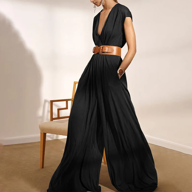 

Summer Pleated Wide Leg Pants Women's Jumpsuits Elegant Sleeveless Without Belt Loose Female Rompers 2021 Fashion Lady Jumpsuit