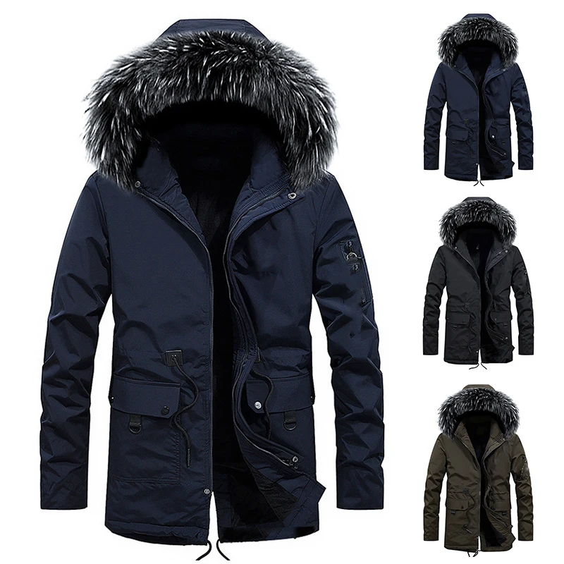 

Men's Winter Parka Polyester Hooded Overcoat with Detachable Hood Thick Mid-Length Coat Windproof Outer Garment &T8