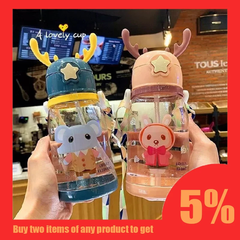 

Summer Antlers Children's Portable Water Cups Cute Creative Straw Cups Student Men And Women Cartoon Outdoor Plastic Cups