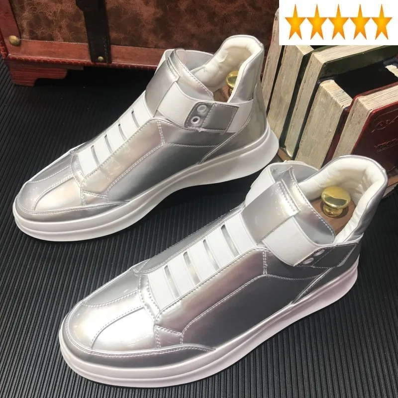 

New Brand High Korean Top Mens Casual Bright Split Leather Shoes Round Toe Slip On Thick Bottom Fashion Male Platform Sneakers