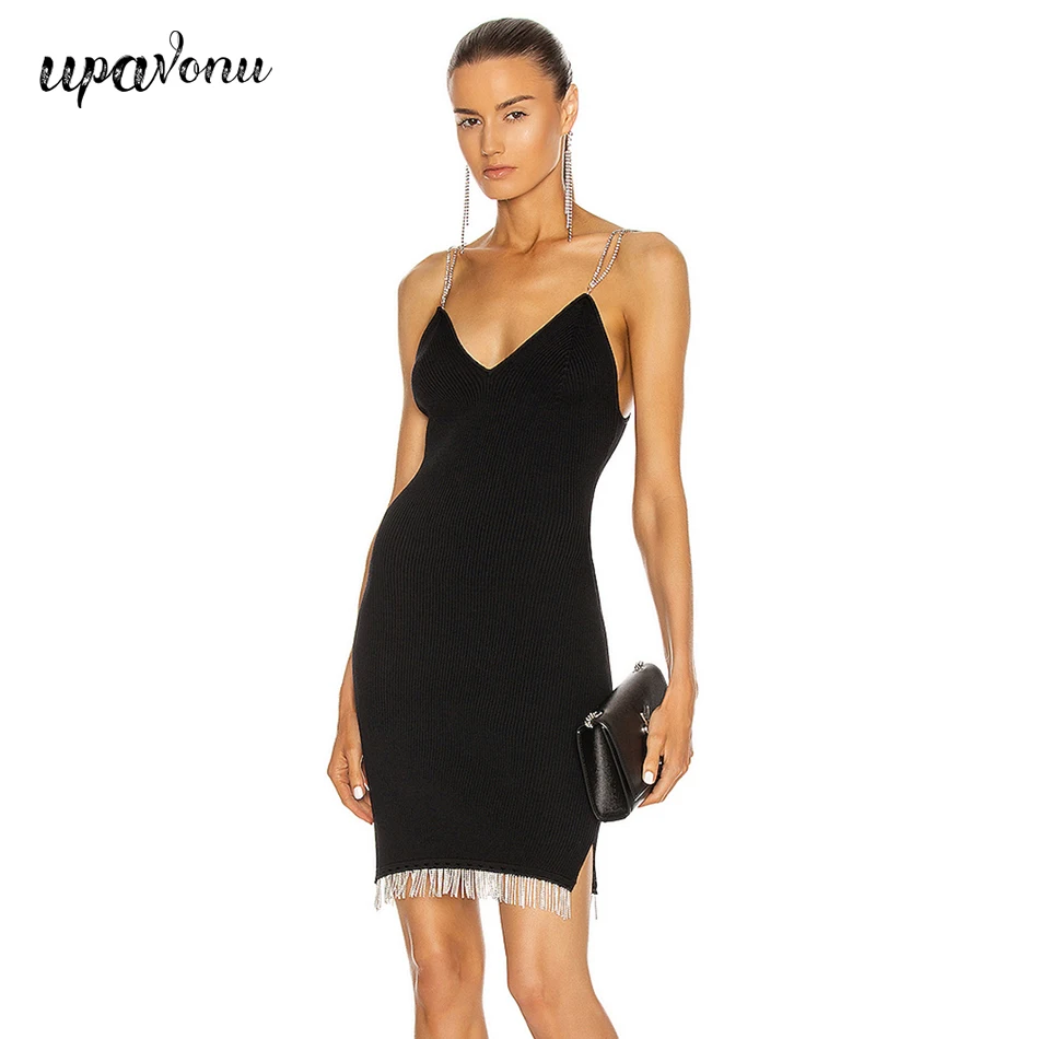 

Free Shipping Sexy Tassel Diamond Bandage Dress 2021 New Women's Summer Strap V-neck Sleeveless Bodycon Dress Club Party Vestido