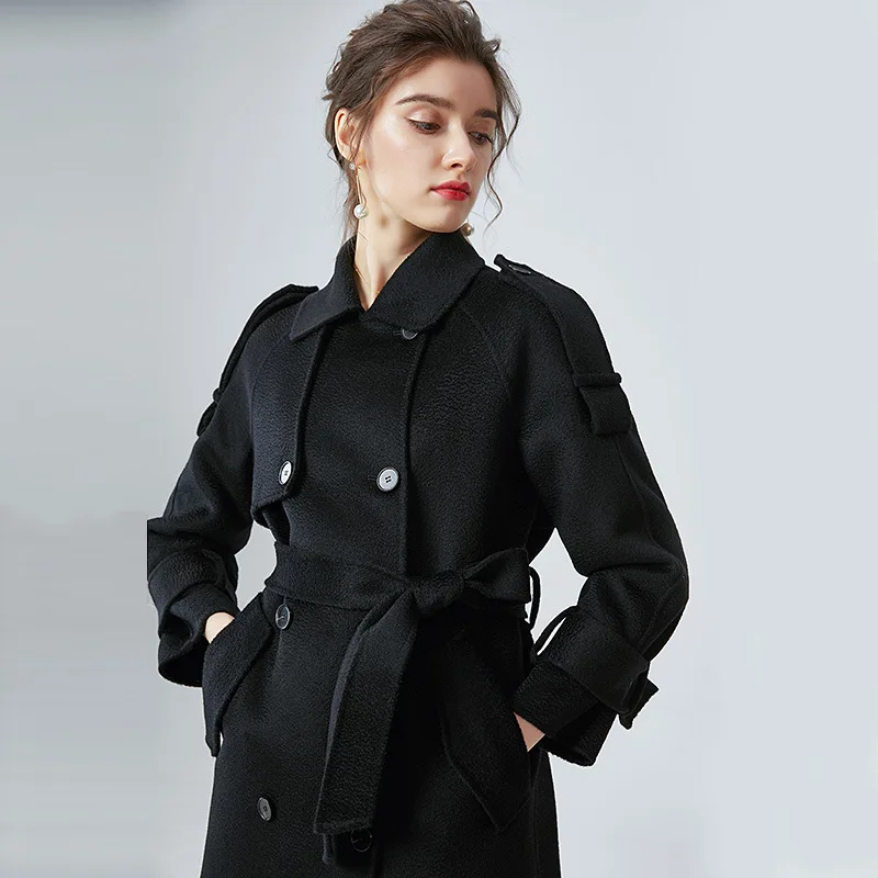 

Black Elegant New Water Women Ripple Cashmere Turn-Down Collar Woolen Belted Wool Coat Long Double Breasted Winter Clothes