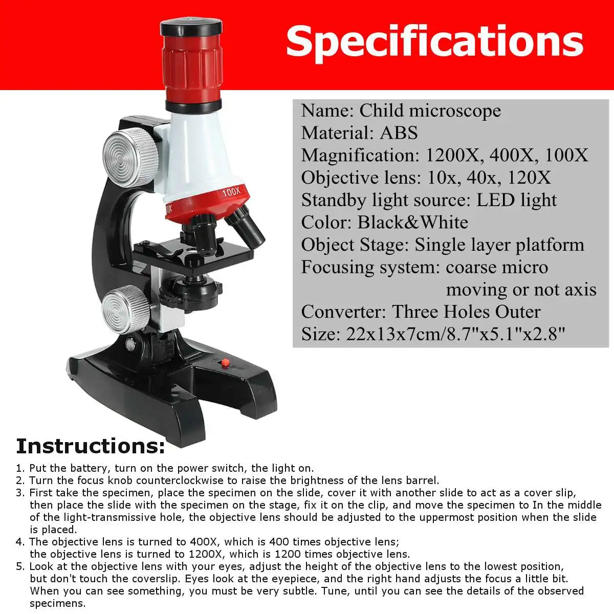 

Microscope Kit Lab LED 100X-400X-1200X Home School Educational Toy Gift Refined Biological Microscope For Kids Child 12 x Slides