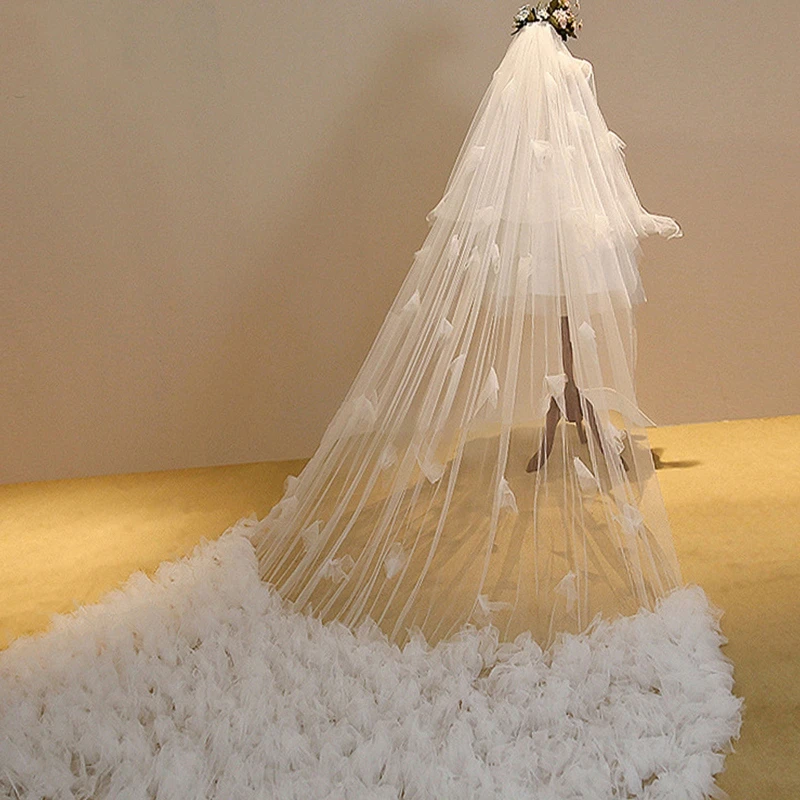 

Double Layer Floor Length Long Trailing Cathedral Wedding Veil with Comb 350cm Luxurious Floral Bridal Party Headpiece