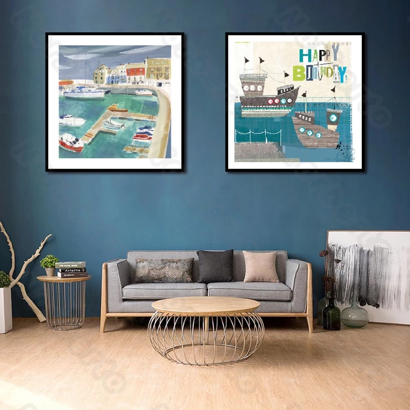 

Canvas Painting Wall Poster Small Grey Boats Blue Some Houses Letters Happy Birthday for Home Rooms Children's Bedroom Decoratio
