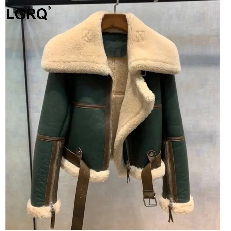 

[LGRQ] Loose Patchwork Thicken Warm Zipper Jacket New Lapel Long Sleeve Women Coat Fashion Tide Spring Autumn 2021 19D5452