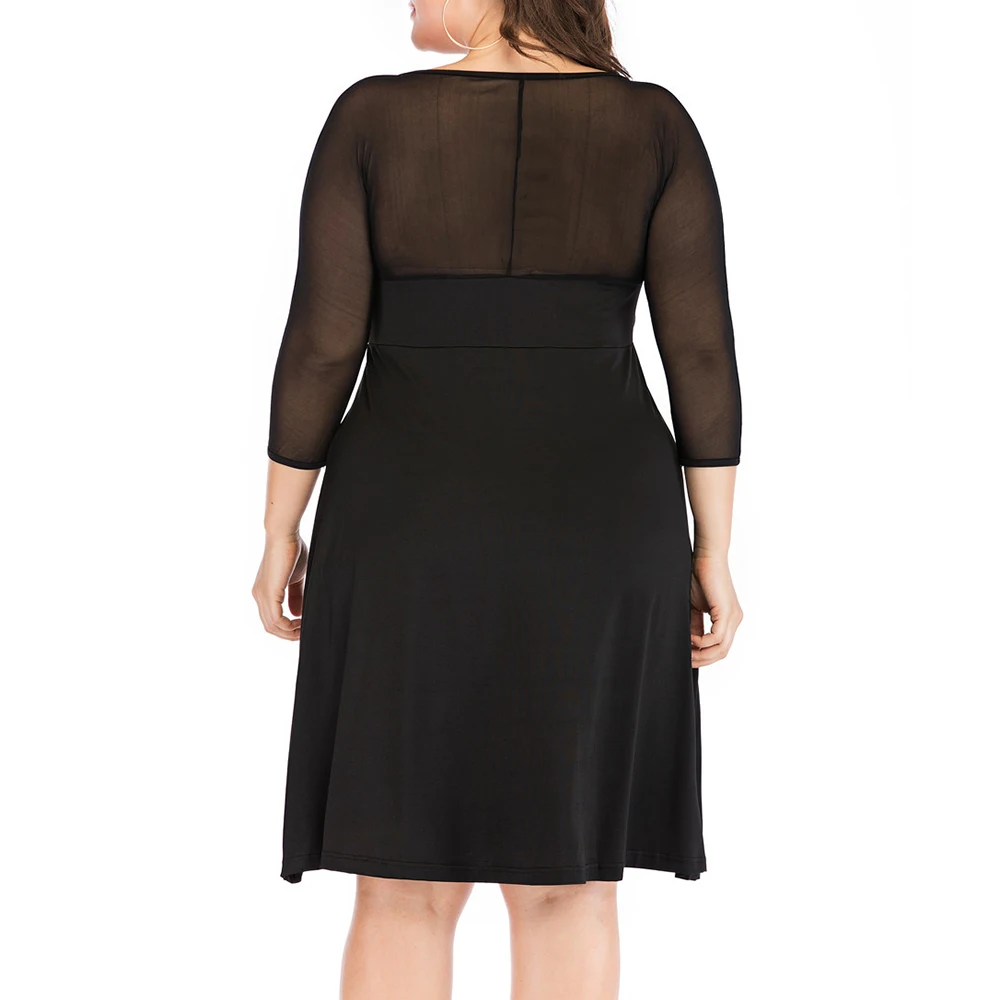 Женское однотонное классическое платье черное газовое лоскутное с 3/4 рукавами и