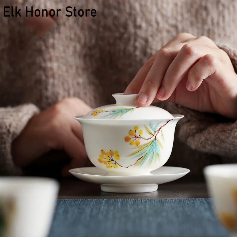 

160ML Your Kiln Retro Ceramic Gaiwan Handpainted Lute Porcelain Tea Tureen Chinese Kung Fu Tea Service Pigmented Tea Ceremony