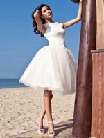 a line wedding dresses 2021 bateau neck knee length satin tulle cap sleeve simple casual bridal gown plus size cute beach