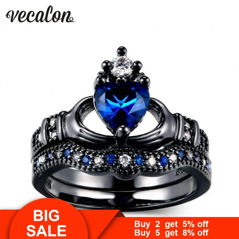 Vecalon Claddagh свадебное кольцо для женщин кольцо синий камень Циркон Cz 10KT черный золотой заполненный камень кольца для новобрачных