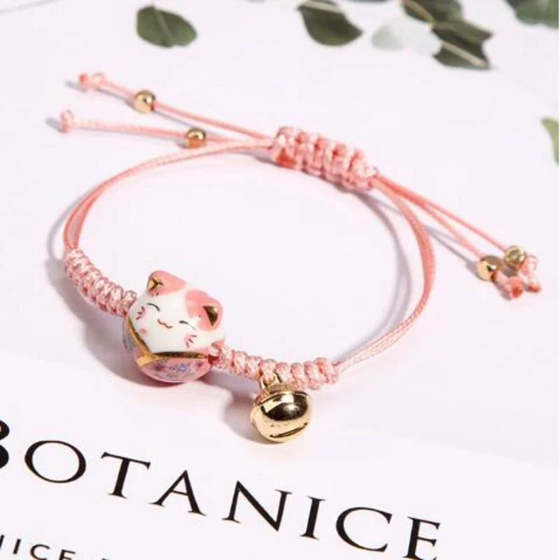 

Simple Sweet Ceramic Lucky Cat Bell Thread Bracelets Female Student Girlfriends Hand-woven Red Colors Bells Rope Bangle Handmade