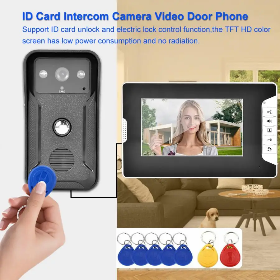Видеодомофон TFT с 7-дюймовым монитором дверной звонок ночным видением ID-картой