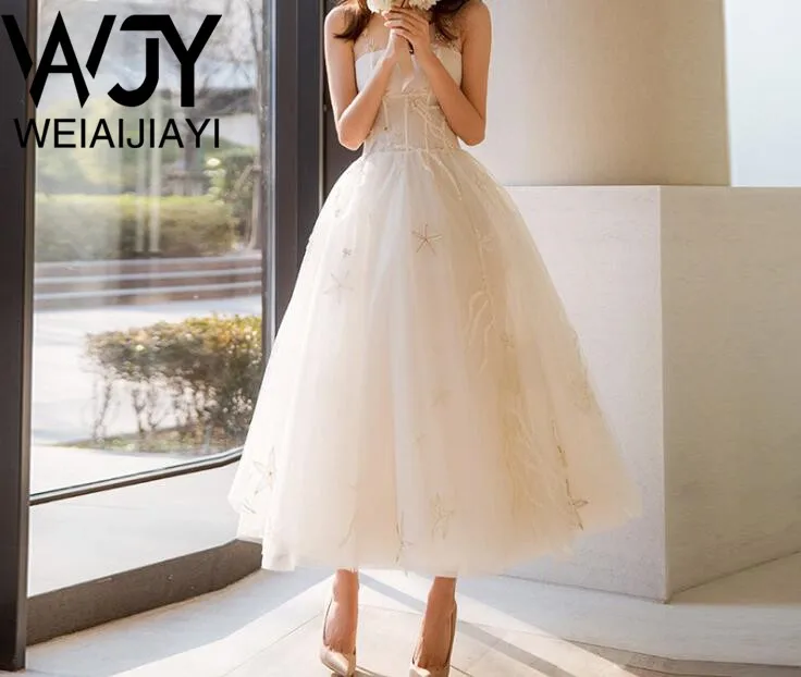 

Beautiful Tea Length Short Garden Strapless Corset Bodice Cheap Wedding Dress Bridal Dresses Vestido De Novia Robe De Mariee