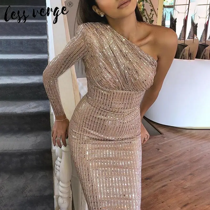 Длинное вечернее платье с блестками элегантное облегающее макси на одно плечо