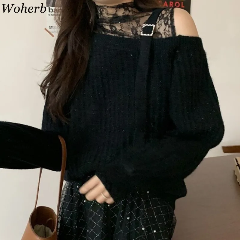 Woherb Осенняя Женская одежда милые Лоскутные кружевные свитера пальто шикарные