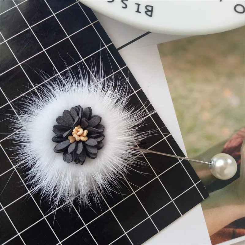 Korean Cute Mink Hair One-word Brooches Fashion Pearl Fabric Flower Long Needle Pin Lapel Badge Jewelry for Women Accessories | Украшения и