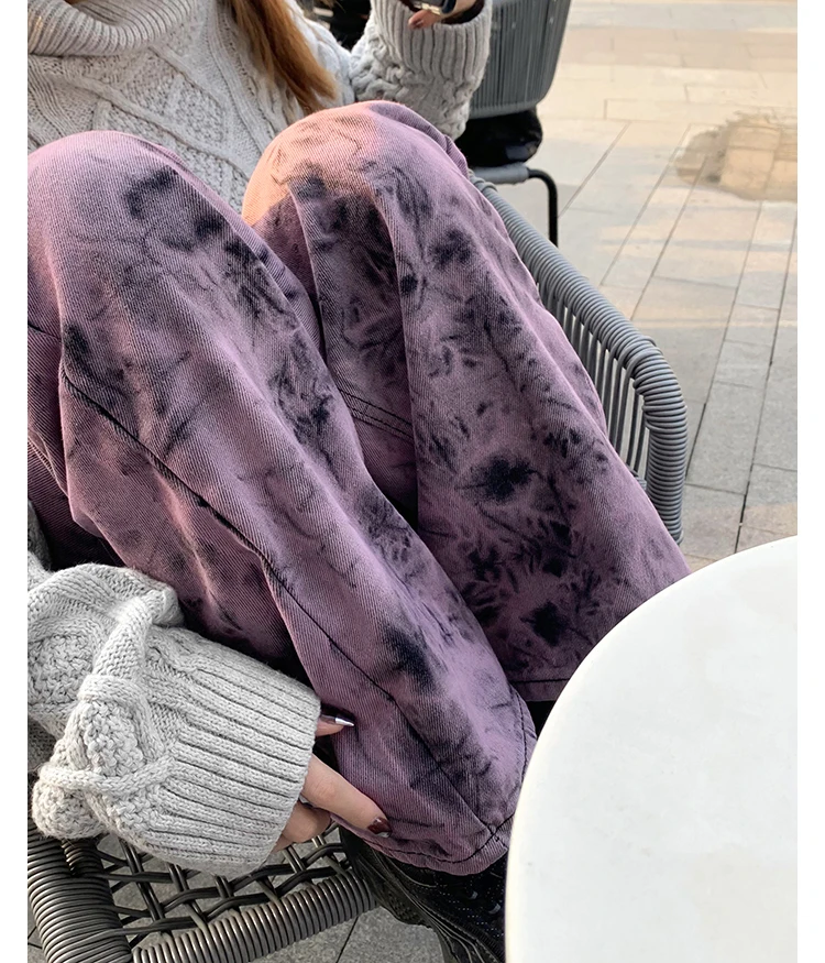 

S-5XL High Street Tie-Dye Women's Jeans Spring and Autumn 2021 New High Waist Large Size Loose and Thin Straight Wide Leg Pants