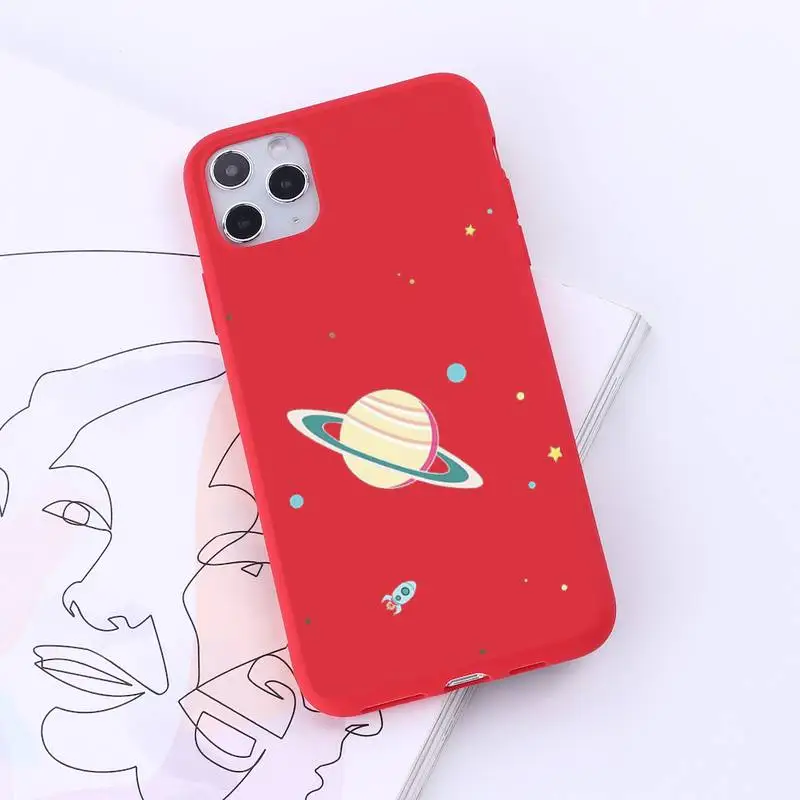 

Cute Cartoon Astronaut Planet Star Phone Case Red Candy Color for iPhone 6 7 8 11 12 s mini pro X XS XR MAX Plus