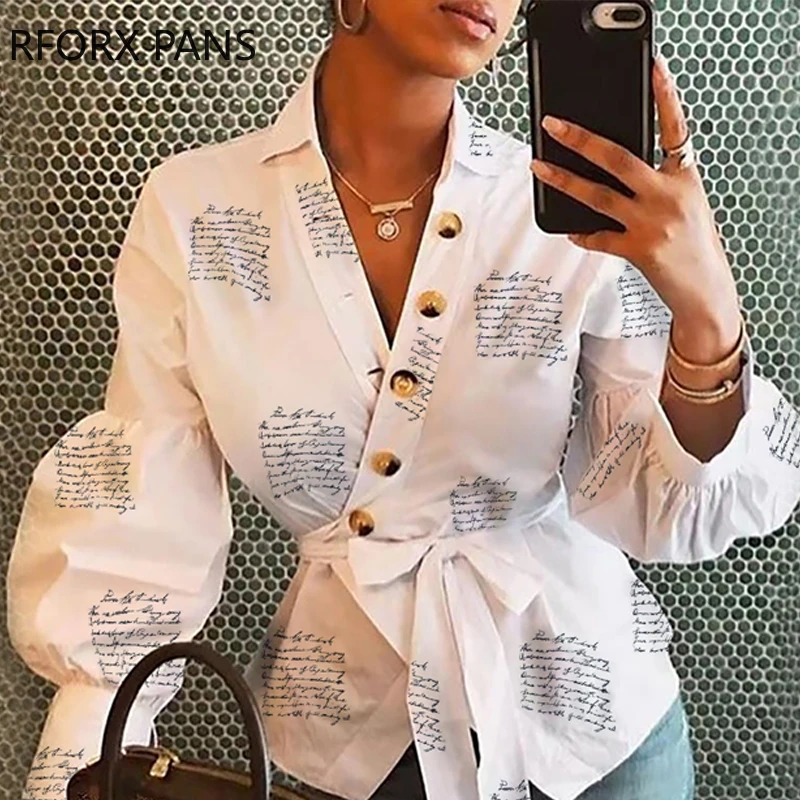 Блузка на пуговицах с рукавами-фонариками запахом и принтом | Женская одежда