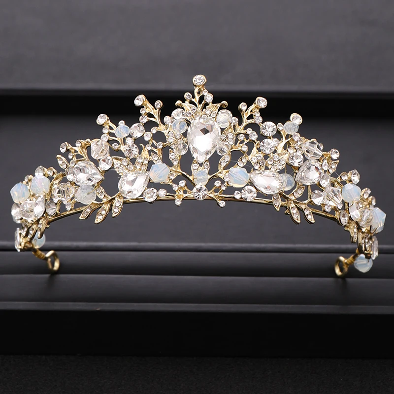 Фото Свадебная Корона ручной работы с бусинами и кристаллами золотого цвета для
