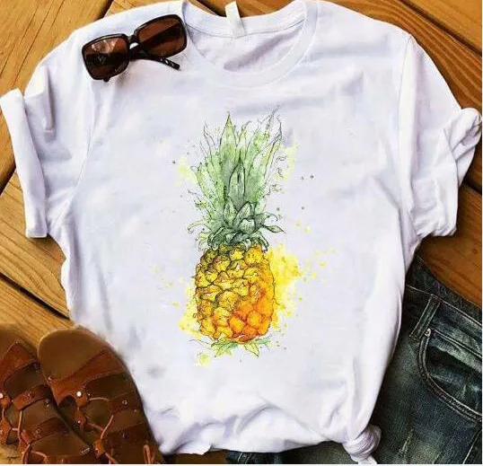 

YEMUSEED New Women T-shirt Pineapple Printing Casual Tops White O-Neck Tee shirt FFV427