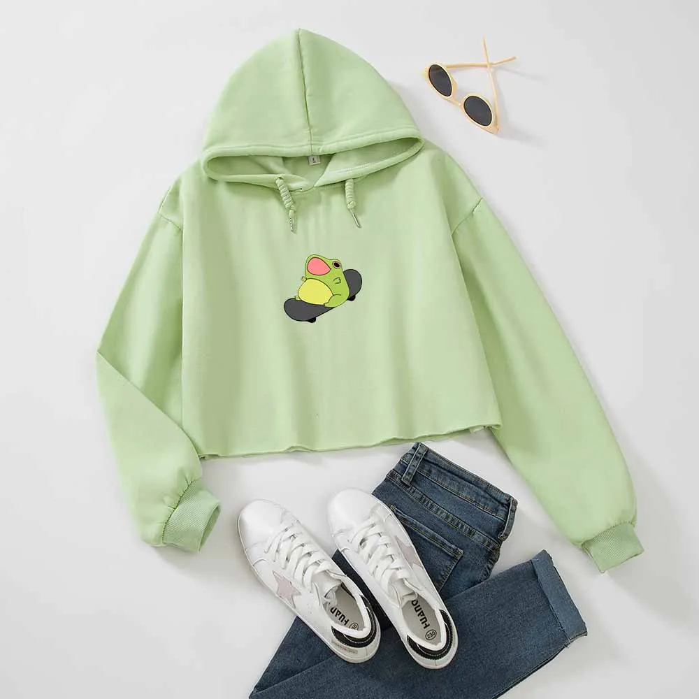 

Frog Print Crop Top Hoodie Women Cute Hoodies Kawaii Harajuku Women Fashion Aesthetic Oversized Sweatshirts Cartoon Long Sleeve