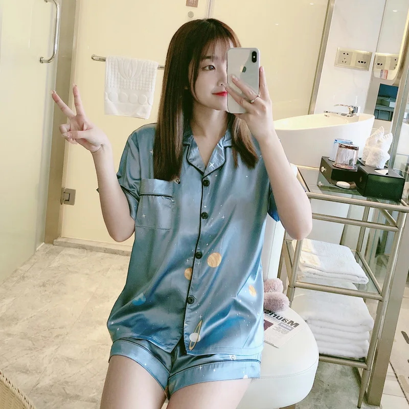 2021 New Summer Ice Silk Women's Pajamas Short Sleeve Nightwear Lapel Cardigan Suit Silk Home Clothes Sleep Wear