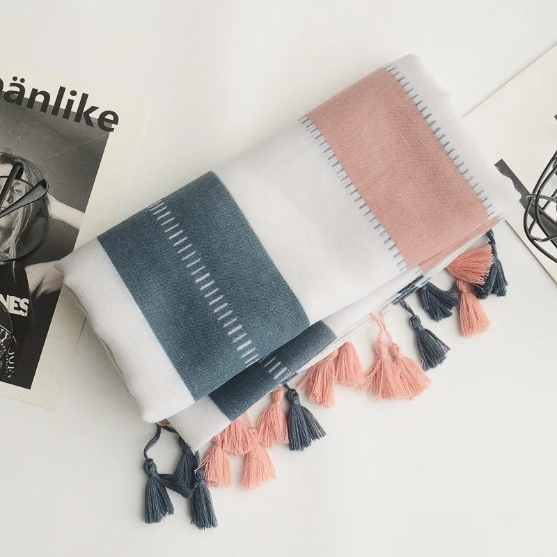 Japanese Korean version of small fresh cotton and linen scarves size stripes color matching decorative sunscreen shawls |