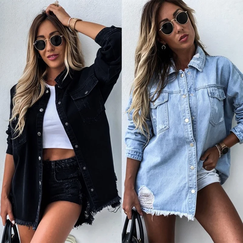 

Ripped Jean Jacket Women Fall New Fashion Full Sleeves Turn-down Collar Loose Streetwear Denim Jacket Lugentolo
