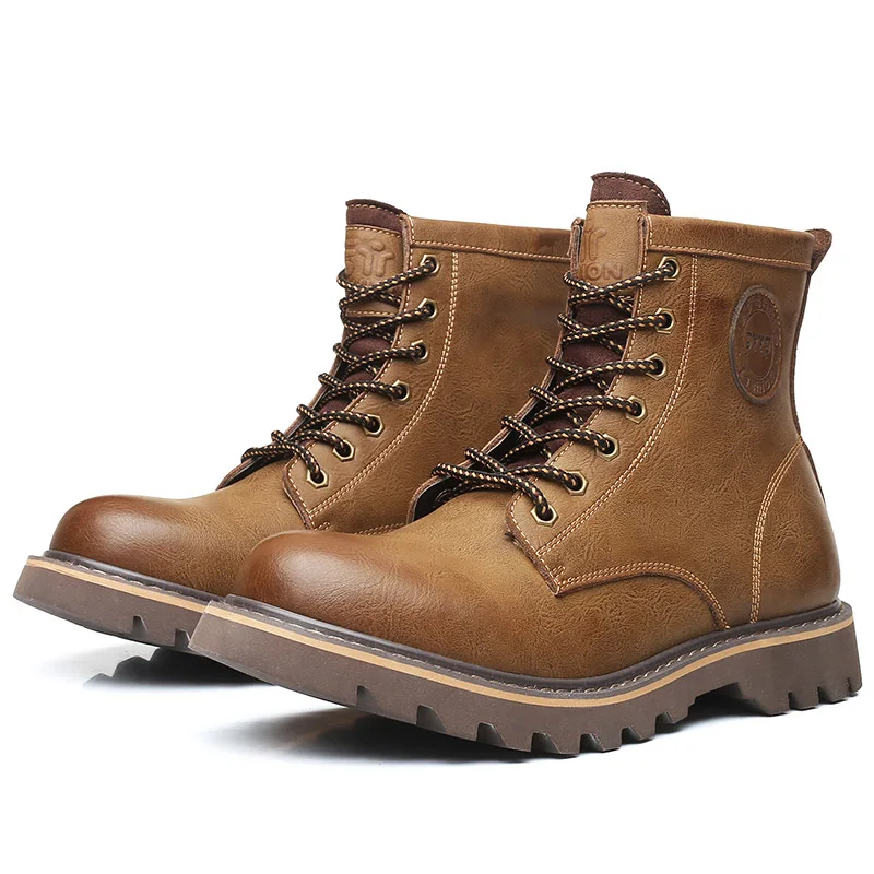 Khaki Flat Misalwa/зимние кожаные мужские ботинки; безопасные рабочие ботинки на шнуровке; ботильоны в британском стиле; визуально увеличивающие рост; винтажные повседневные рабочие ботинки - Цвет: Khaki Flat