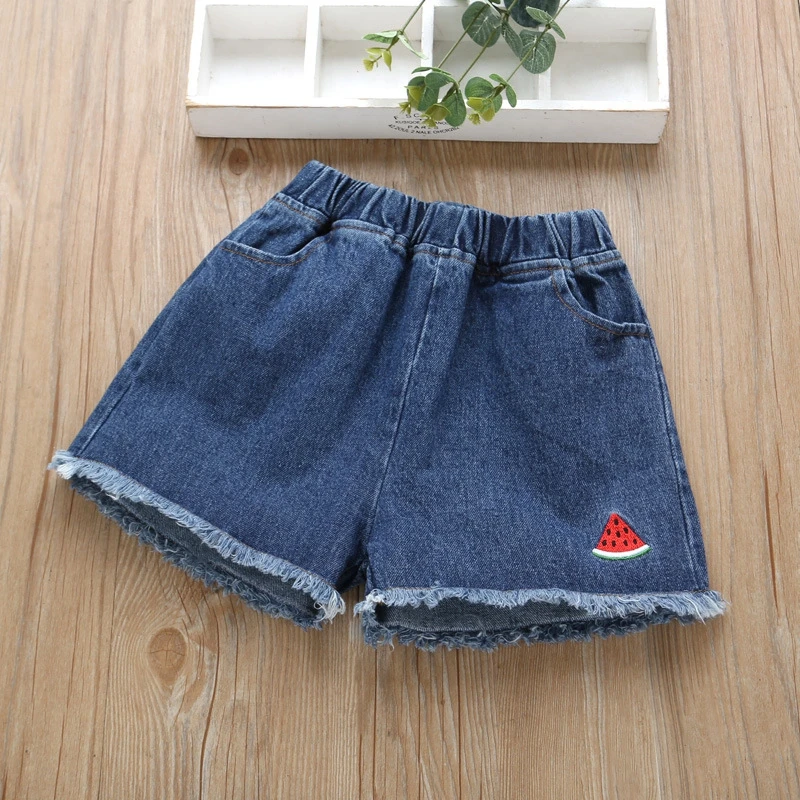 Летние джинсовые шорты для девочек популярные детские с фруктами повседневные