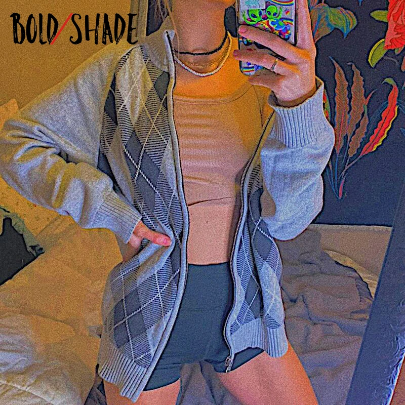

Bold Shade Argyle Print Zipper Tricot Cardigan Sweaters 90s Indie Long Sleeve Soft Girl Style Outwears Patchwork Y2K Top Spring