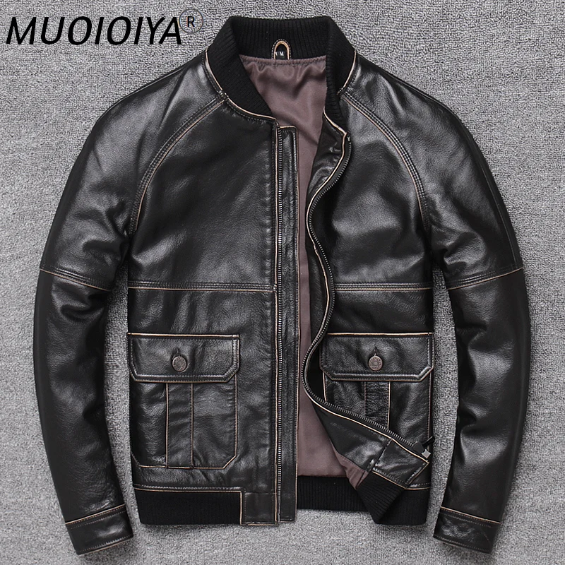

Куртка мужская из натуральной кожи, короткая приталенная бейсбольная форма из воловьей кожи, мотоциклетная кожаная куртка-пилот