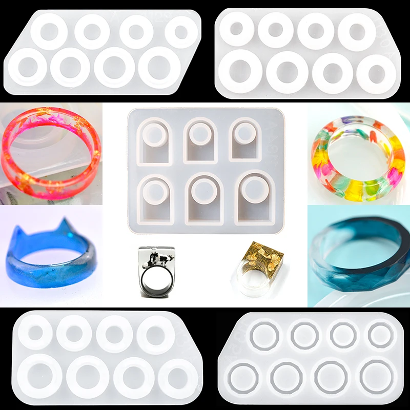 Five Pcs Ring Resin Mold Silicone Set Flat Cat's Ear Arc Multi-Faceted Hole Rings Moule Resine Epoxy For Jewelry Making Handmade