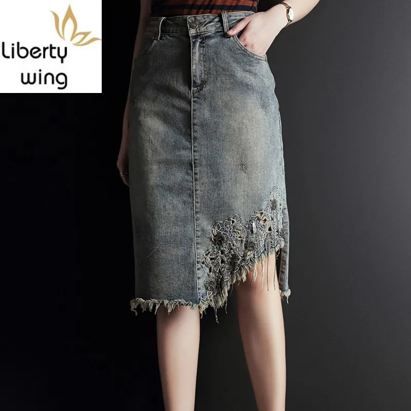 Vintage Embroidery Tassel Summer Womens Knee Length Denim Fashion Plus Size High Waist Female Asymmetrical Split Skirts