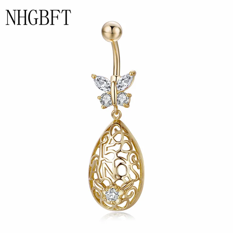 

NHGBFT Hollow Water drop Belly Button Ring Helix Piercing Women girl Sexy Body Jewelry CZ Navel ring