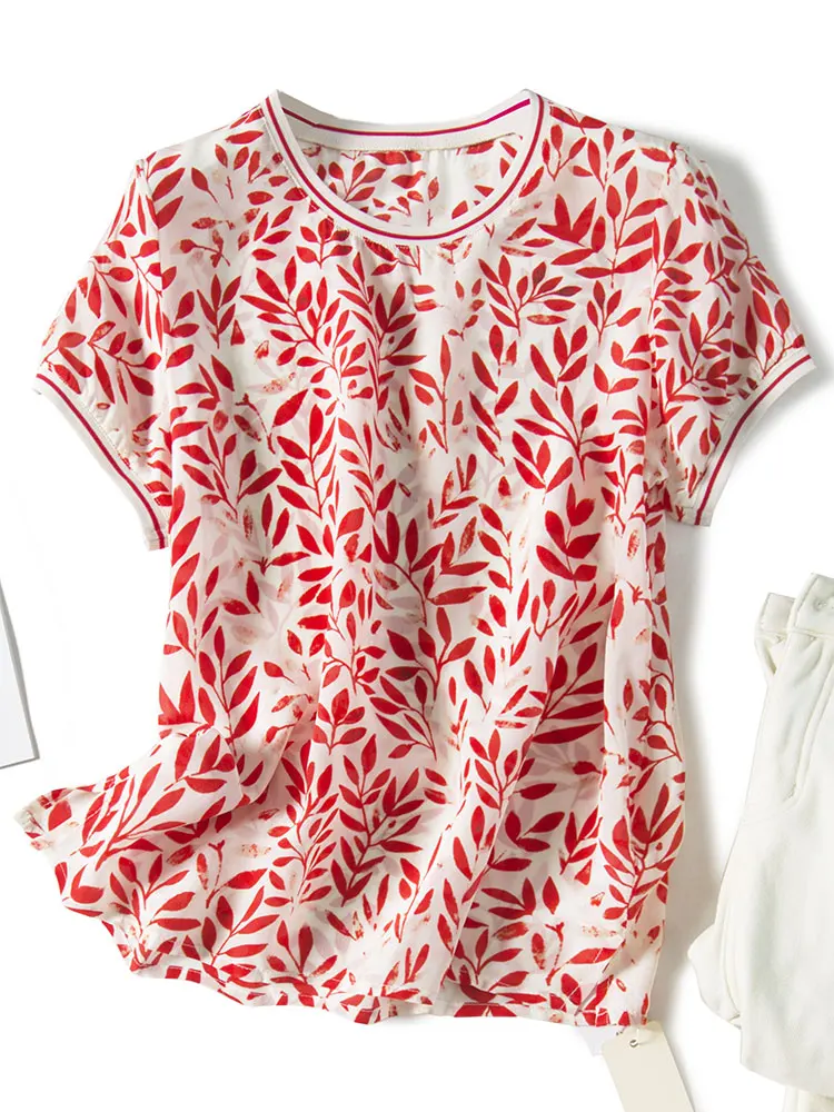 Тонкая женская блузка с принтом из натурального шелка летняя коротким рукавом 2020