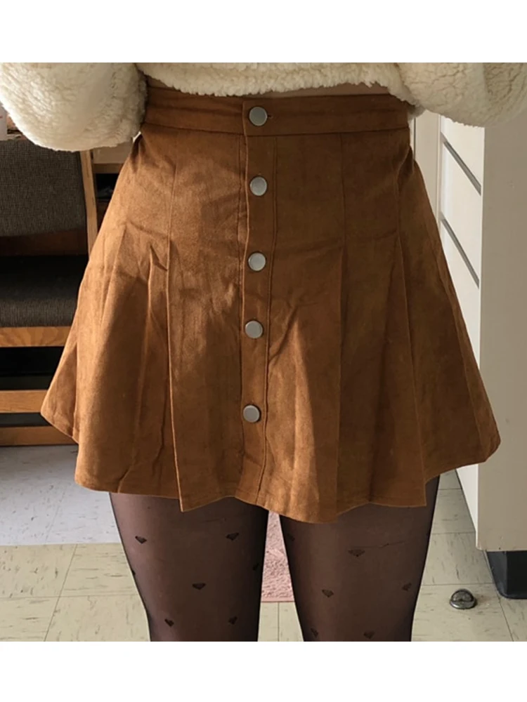 Dotfashion Camel, однобортная замшевая юбка для женщин, повседневная, осенняя, простая, выше колена, короткая, весенняя, опрятная, средняя талия, цельнокроеная юбка