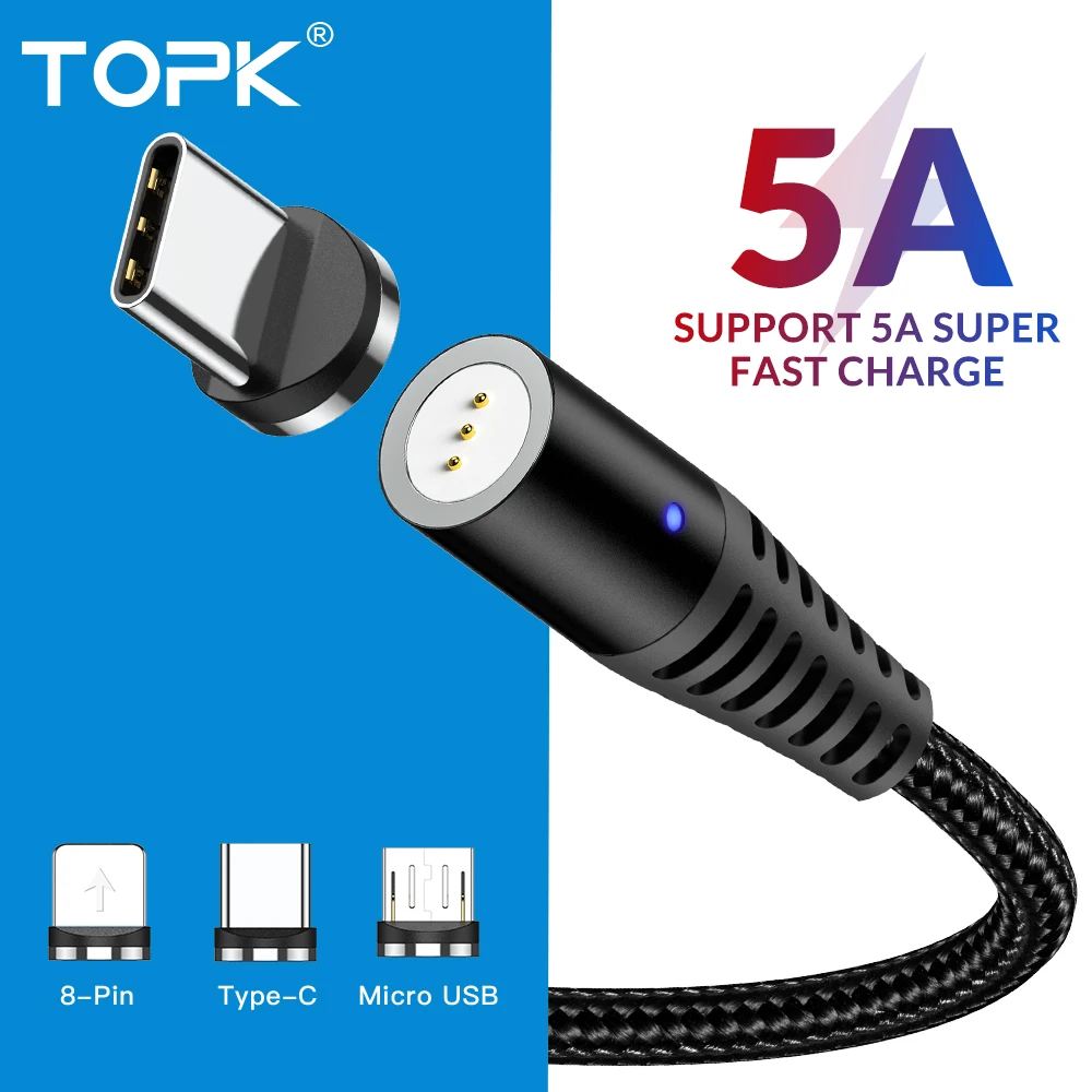 Магнитный usb-кабель TOPK для быстрой зарядки, кабель usb type-C, магнитный кабель для зарядки и передачи данных, кабель Micro usb 3A для iPhone, samsung, Xiaomi