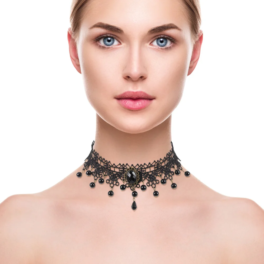 

2pcs Black Lace Adjustable Length Necklace Punk Neckline Decoration for Ladies