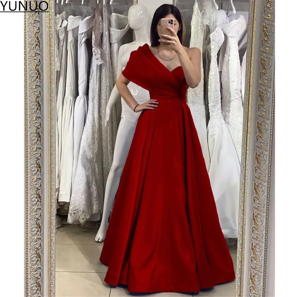 

YUNUO Floor Length Red Satin Prom Formal Gowns One Shoulder A-line Evening Dresses Long robe de soirée de mariage Party Dress